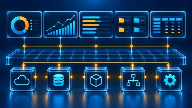 Futuristic digital dashboard interface displaying data analytics cloud computing databases and network infrastructure