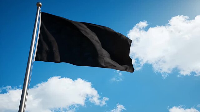 Black Flag Waving Against Cloudy Blue Sky - A solid black flag flutters in the wind against a bright blue sky dotted with fluffy white clouds.