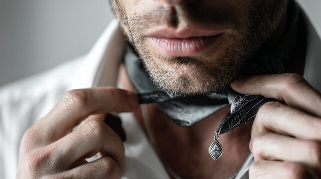 Editorial fashion portrait of handsome man adjusting silk neckerchief for a luxury menswear styling concept, capturing close up hands tying black patterned scarf in white shirt.