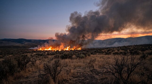 Wildfire burning brightly near the horizon with thick smoke drifting across the landscape.