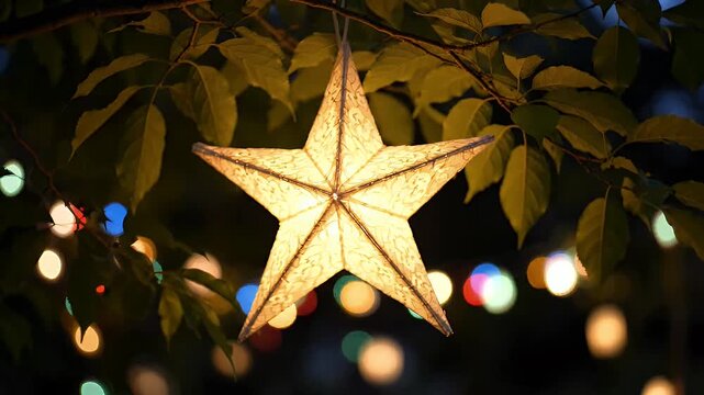 Illuminated Star Lantern Hanging Among Leaves at Night with Bokeh Lights - A glowing, decorative star lantern hangs suspended from a tree branch, its intricate patterns illuminated from within.