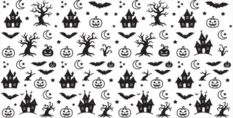 Obraz premium Spooky Halloween Seamless Pattern Haunted House Bat Pumpkin Vector