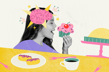 Girl enjoying a cupcake in a colorful imaginative collage, playful profile portrait blending food, creativity and fun © deagreez