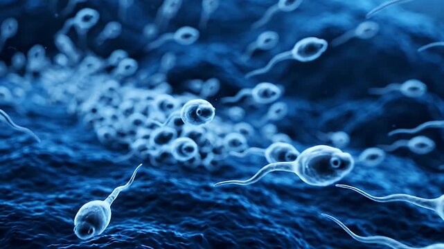 Microscopic View of Sperm Cells Swimming - A detailed 3D video shows numerous sperm cells in motion, swimming in a blue, fluid environment.