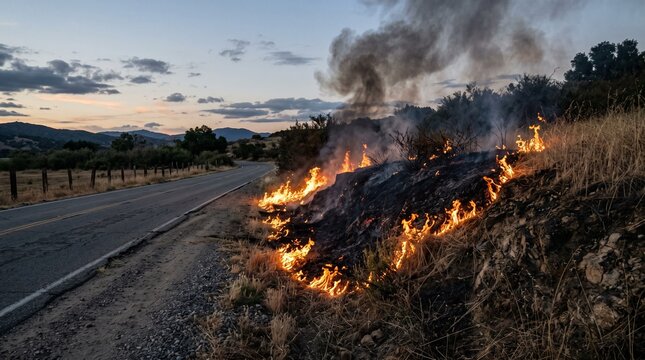 Brush fire spreading along the side of a dirt road with flame and dark smoke visible.