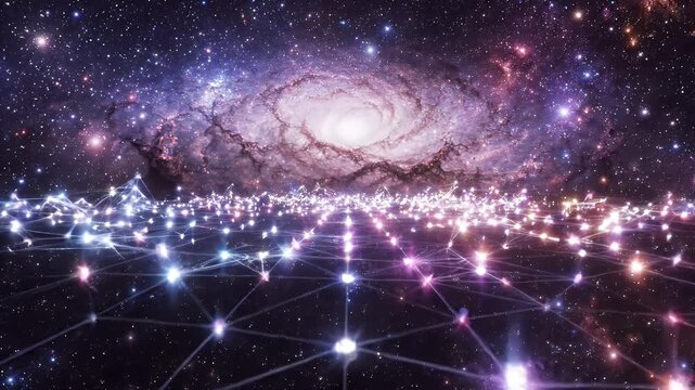 Digital Network in a Spiral Galaxy - A futuristic digital network with glowing nodes and connections spreads across a starry expanse, with a vibrant spiral galaxy in the background.
