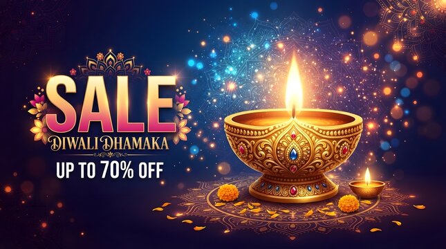 Diwali dhamaka sale banner with glowing diya lamp and floral patterns