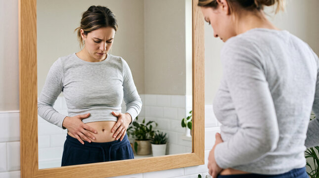 Young woman sitting on a sofa pressing both hands against her lower abdomen, leaning forward in pain while suffering from menstrual cramps and period discomfort at home.