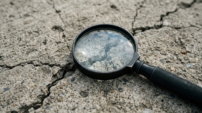 Magnifying Glass Inspecting Cracked Ground with Reflections of Sky and Texture Details in Outdoor Environment