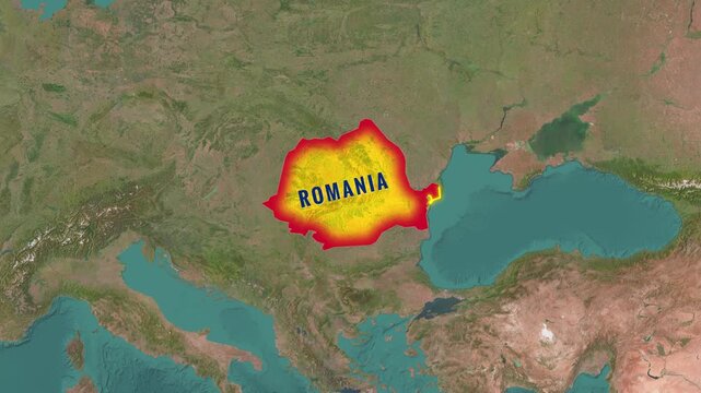 Romania highlighted on animated global map footage with flag flying