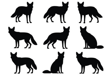 Obraz premium A collection of nine black silhouettes of foxes in various poses, including standing, sitting, and looking around, isolated on a plain white background