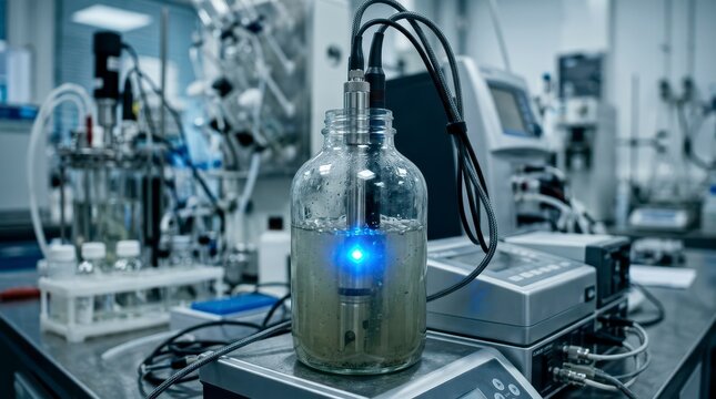 Chemical Sensor Analyzing Water Sample in Laboratory Environment with Advanced Testing Equipment and Blue LED Light
