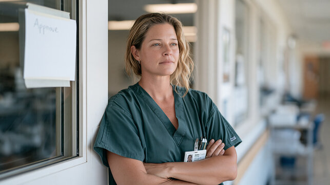 An animal shelter coordinator waits nervously outside a door with a handwritten approval sign taped to it, a single professional in clean scrubs beneath hospital corridor