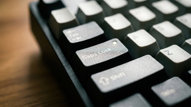 Close up view of computer keyboard showing caps lock key clearly