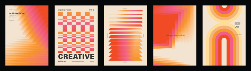 Retro abstract gradient poster templates set. Vector orange, pink and cream backgrounds with checkerboard, striped waves, layered squares and rainbow arches for playful creative layouts.