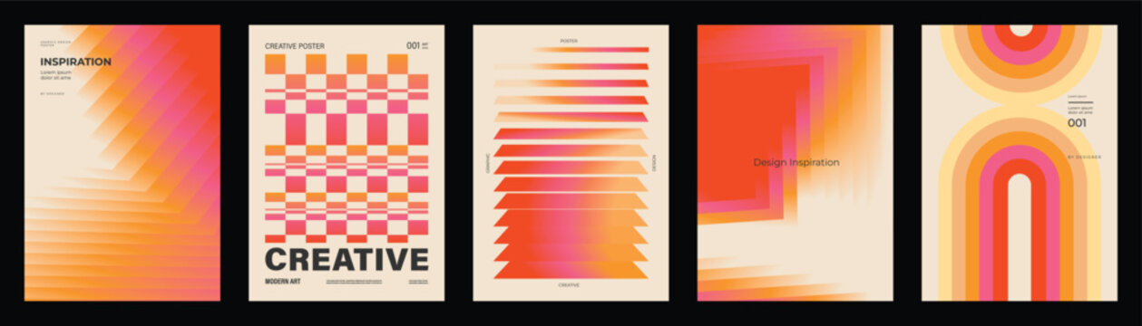 Retro abstract gradient poster templates set. Vector orange, pink and cream backgrounds with checkerboard, striped waves, layered squares and rainbow arches for playful creative layouts.