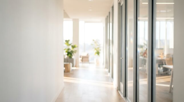Bright modern office hallway with glass partitions and natural sunlight