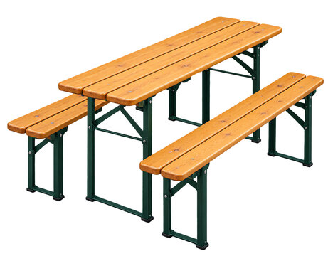 Traditional German beer garden folding wooden table and bench set (Biertischgarnitur) with green metal frame, isolated in 3D perspective.