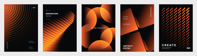 Fototapeta na wymiar Abstract orange gradient poster templates set. Vector dark backgrounds with halftone dots, layered stairs, translucent circles, folded shapes and diagonal patterns for bold creative layouts.