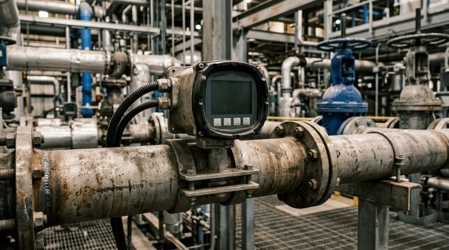 Digital Flow Meter Installed on a Pipe in a Large Industrial Facility for Monitoring Fluid Movement and Management