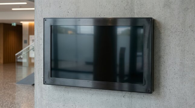 Sleek Digital Display Mounted on Concrete Wall in a Modern Office Environment
