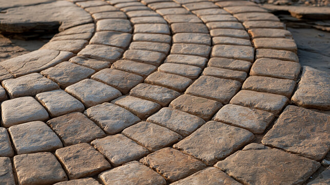 Fossilized river stones arranged in ancient curved pattern across dry watercourse floor, geological history, prehistoric riverbed, sediment layers, paleontology context, rock