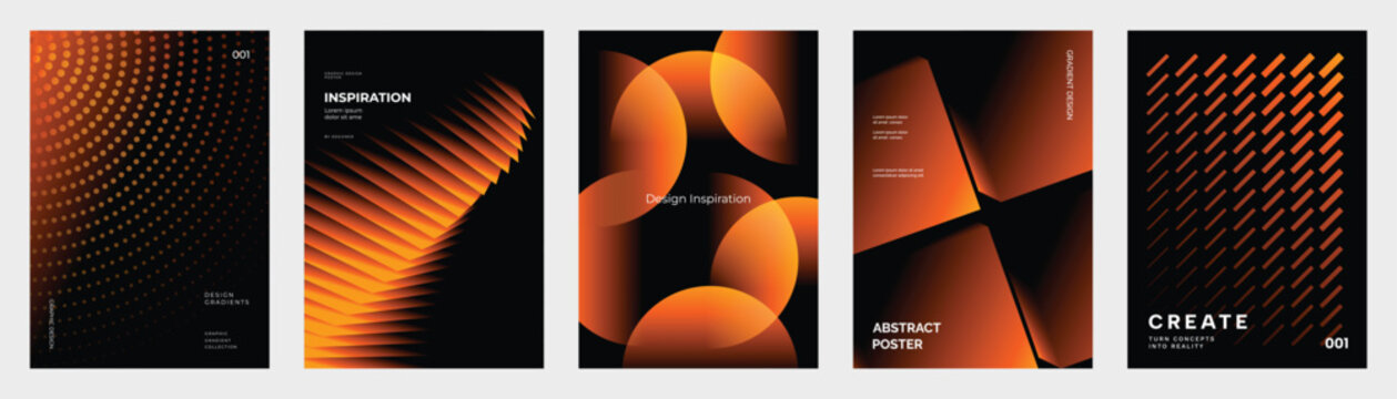 Abstract orange gradient poster templates set. Vector dark backgrounds with halftone dots, layered stairs, translucent circles, folded shapes and diagonal patterns for bold creative layouts.