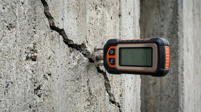 Digital Crack Width Gauge Measuring Depth of Structural Flaw in Concrete Surface