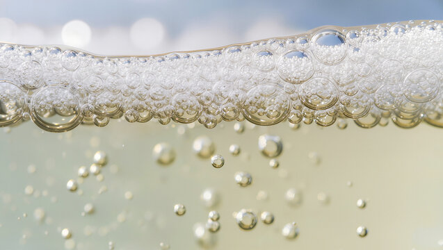 Macro close up of sparkling champagne bubbles and foam at the surface of a golden drink, celebration beverage concept with wide copy space for text