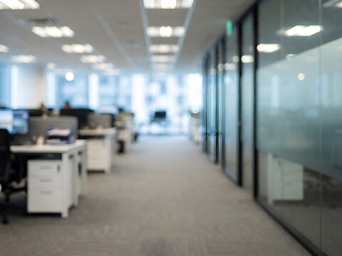 Blurred empty open space office. Abstract light bokeh at office interior background