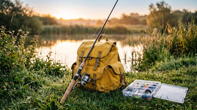 Yellow canvas backpack and a fishing rod set up by a lake at sunset.