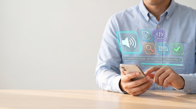 Screen reader accessibility concept with smartphone and floating glass interface showing audio compatibility, alt text coverage, keyboard navigation and digital accessibility verification
