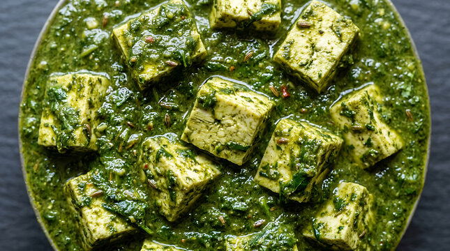 Palak Paneer Close-up: Indian Spinach and Cheese Curry with Spices