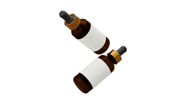 Mockup of two amber glass dropper bottles with white blank labels floating in the air on a clean white background