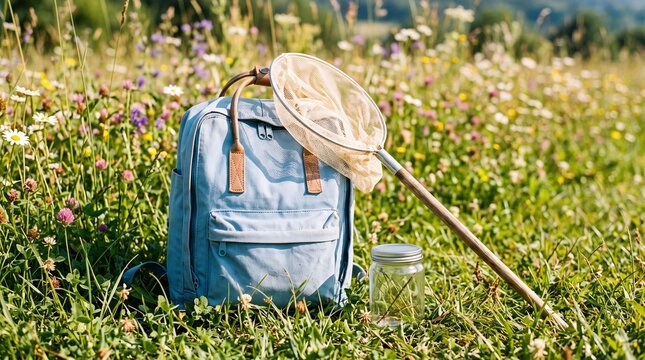 Blue backpack and a butterfly net sitting in a grassy wildflower field.