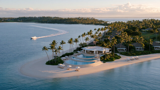 Wide aerial view of a tropical resort peninsula with multiple tiered pools stepping down toward a white sand beach, bungalows nested in palm trees, speedboat wake visible in bay,