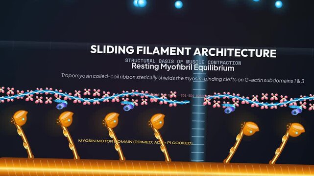 Educational 3D animation illustrating the sliding filament theory of muscle contraction showing the interaction of actin and myosin filaments calcium ion influx and sarcomere shortening