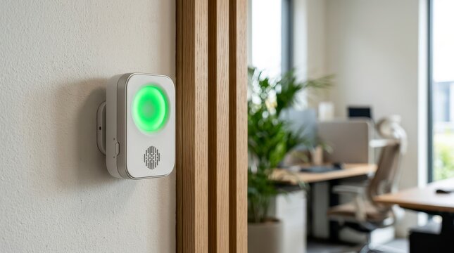 Air Quality Sensor Displaying Green Status Light Mounted on a Wall in a Modern Office Environment with Contemporary Design Elements