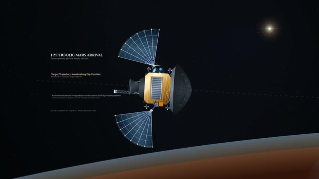 Detailed 3D animation of a spacecraft performing an aerobraking maneuver in the Martian atmosphere, featuring telemetry data, heat shield friction, and orbital mechanics during Mars orbital insertion