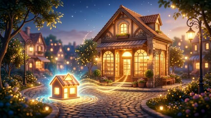 Fototapeta premium Enchanting Glowing House with Magical Lights in a Cozy Village at Night