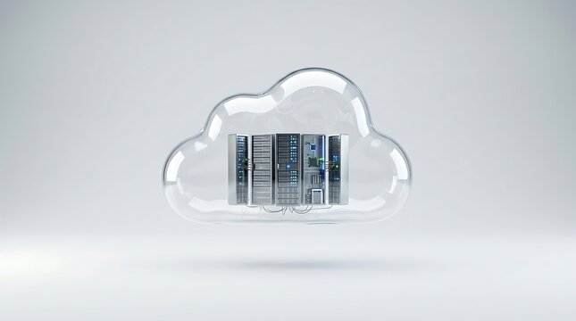 Glass cloud hosting server racks inside representing digital data storage, modern cloud computing, network hardware, and hosting infrastructure