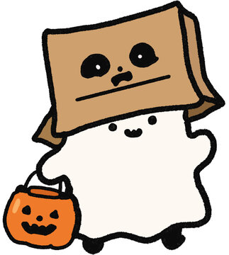 Hand Drawn Cute Halloween Ghost Wearing Paper Bag Costume Illustration
