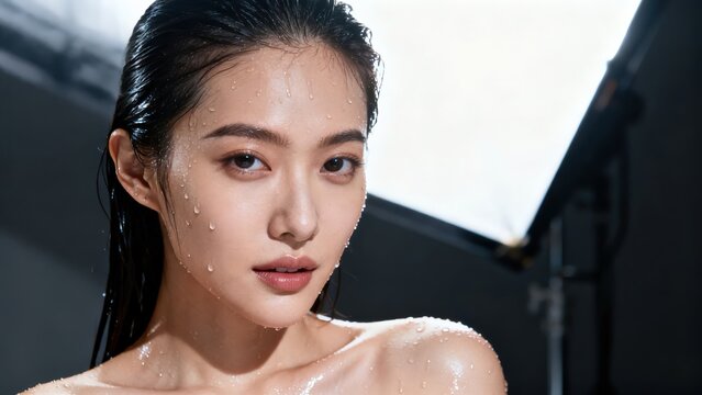 Asian female model showcasing glowing wet skin texture closeup photography studio shot