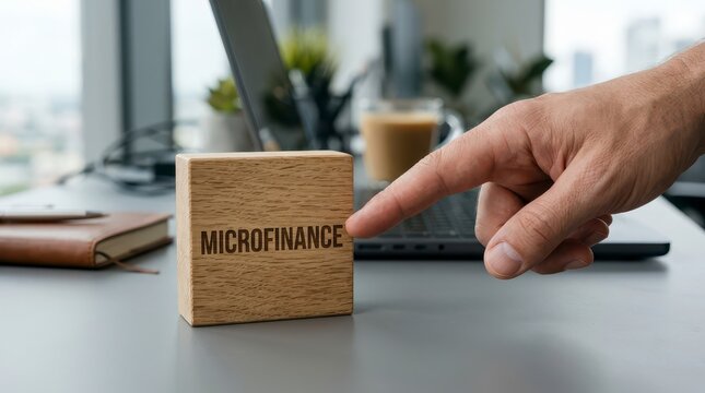 Hand Pointing at Microfinance Block in Modern Office Workspace with Laptop and Coffee in a Professional Environment