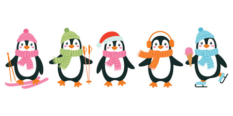 Fototapeta premium Five cute cartoon penguins dressed in colorful winter clothing including scarves, hats, earmuffs, skis, and ice skates, isolated on a white background