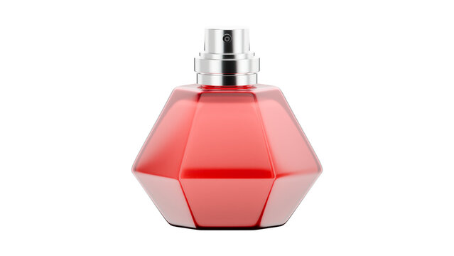 Isolated front view of a luxury red faceted glass perfume bottle with a metallic silver spray nozzle on a white background, 3D render illustration.
