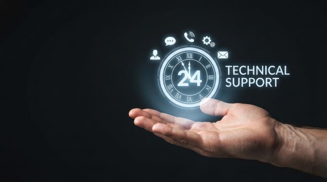 Business hand holding floating holographic technical support clock icon for twenty four hour customer service.