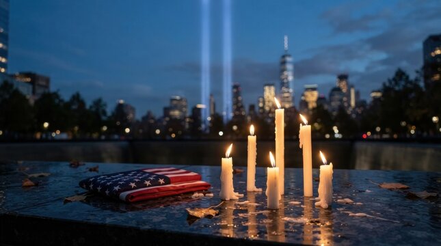 Memorial vigil candles burning on granite surface near memorial tribute with twin towers light beams reflecting in background.