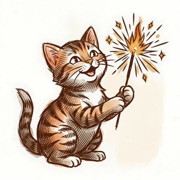Cheerful Little Kitten Holding a Glowing Sparkling Firework Stick Celebrating New Year or Birthday Party Cute Hand Drawn Illustration for Festive Occasions and Celebration Invitati