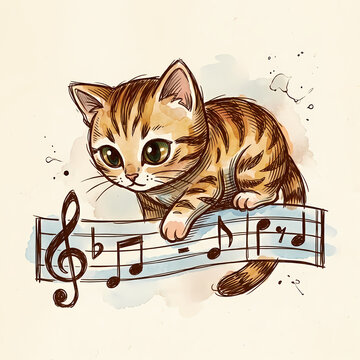 Cute Striped Kitten Playing and Walking on a Musical Staff with Notes and G Clef Creative Watercolor Illustration for Music Teachers Schools and Piano Lesson Advertising Material A